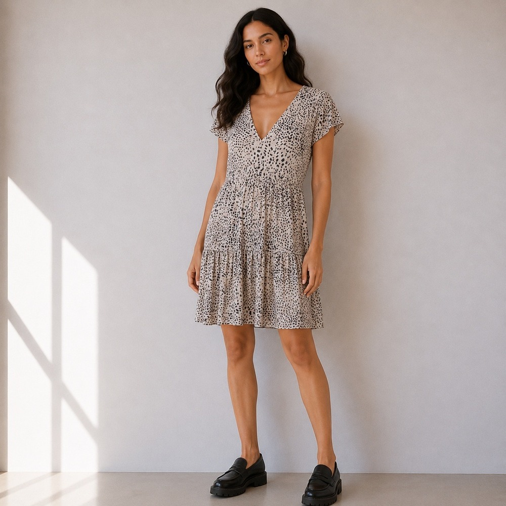 Monrow Neutral Animal Print Tiered Mini Dress Cotton Modal Boho V-Neck | Size XS